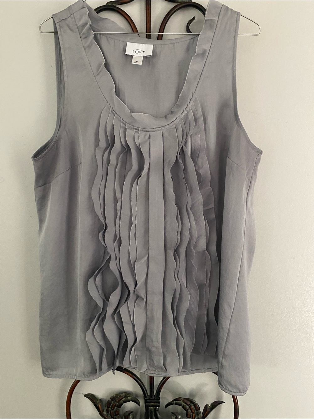 LOFT Light Gray Ruffle Front Sleeveless Shell